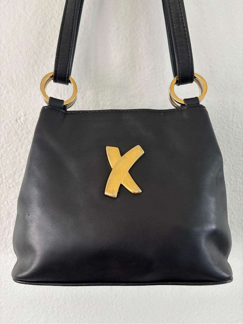Vintage Petit Paloma Picasso Black Leather Shoulder/Crossbody w/ Gold "X" Logo - Picture 2 of 14